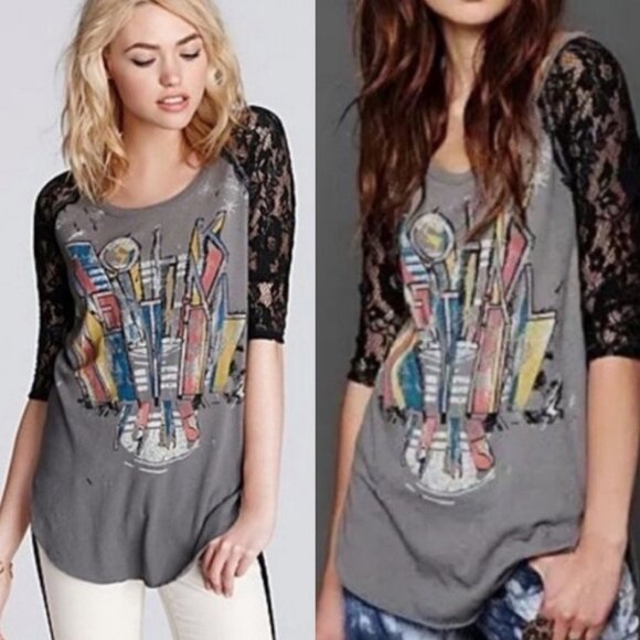 Revolve Free People Renegade Raglan Tee Metal Folk Size Small Lace Bohemian Top - Picture 1 of 16